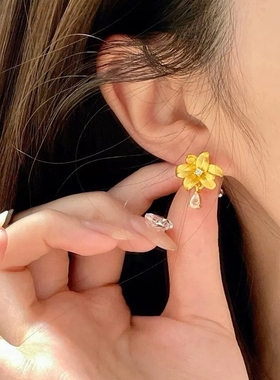 金色饰品 拉丝百合花水滴流苏耳环轻奢高级感小众气质耳钉耳饰