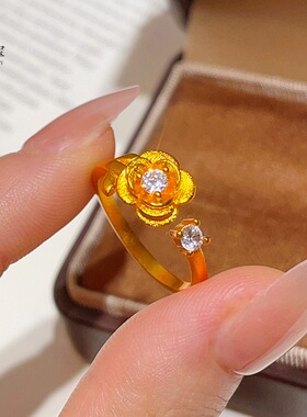 金色饰品拉丝玫瑰花戒指女百搭高级感指戒小众指环新款