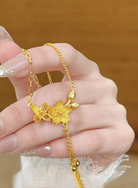 金色饰品爆款花嫁双花流苏项链女士三生花 繁花似锦项链结婚套链