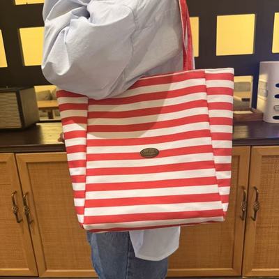 2025秋条纹帆布袋 韩国ins慵懒风托特包学生大容量休闲单肩包包女