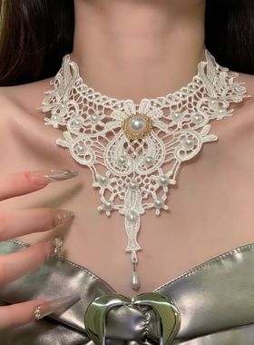 复古白色珍珠蕾丝choker宫廷风项链女小众高级感锁骨链纯欲风颈链