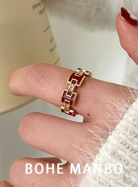 复古安可拉红滴釉H字母开口戒轻奢高级感微镶食指戒新年红色戒指