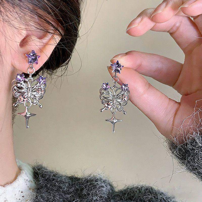 小众设计紫色蝴蝶耳环高级夸张耳钉轻奢重工星星垂坠百搭耳饰,饰品/流行首饰/时尚饰品新,耳环,淘宝优惠券,粉丝福利购,淘宝优惠卷