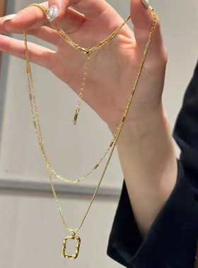 双层方形项链女法式复古锁骨链
