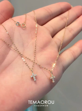 巨mini!满钻十字架吊坠极细金色项链女精致毛衣链锁骨链
