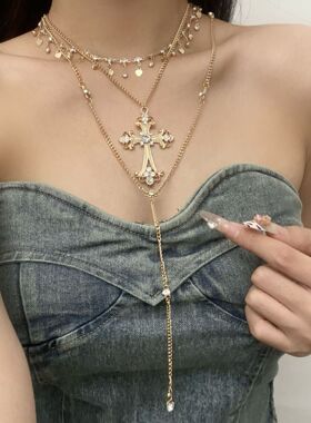 复古巴洛克多层风双层叠十字架项链小众设计高级毛衣锁骨颈链流苏