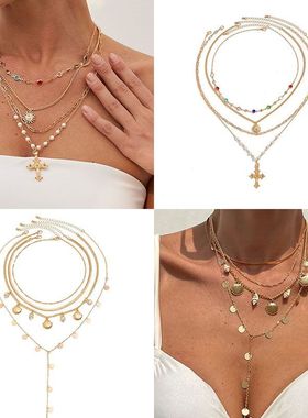 欧美层叠贝壳海螺吊坠项链轻奢小众复古个性设计时尚长款锁骨项饰