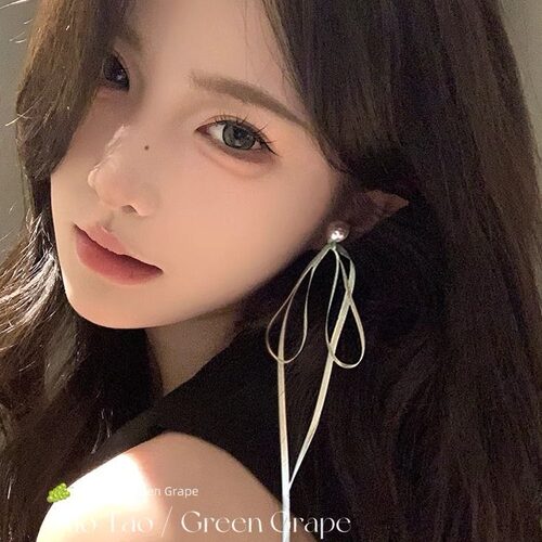 海边氛围感耳饰长款芭蕾风仙气绿色蝴蝶结丝带耳饰女独特耳钉