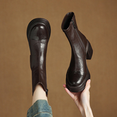 超软羊皮小短靴女秋冬加绒粗跟高跟鞋 真皮软皮厚底软底瘦瘦靴大码