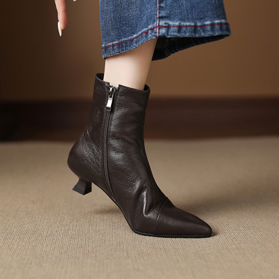 春秋单靴真皮尖头小跟猫跟瘦瘦靴