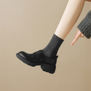 高定绝版！踩屎感！英伦复古JK羊皮圆头厚底魔术贴小皮鞋乐福单鞋