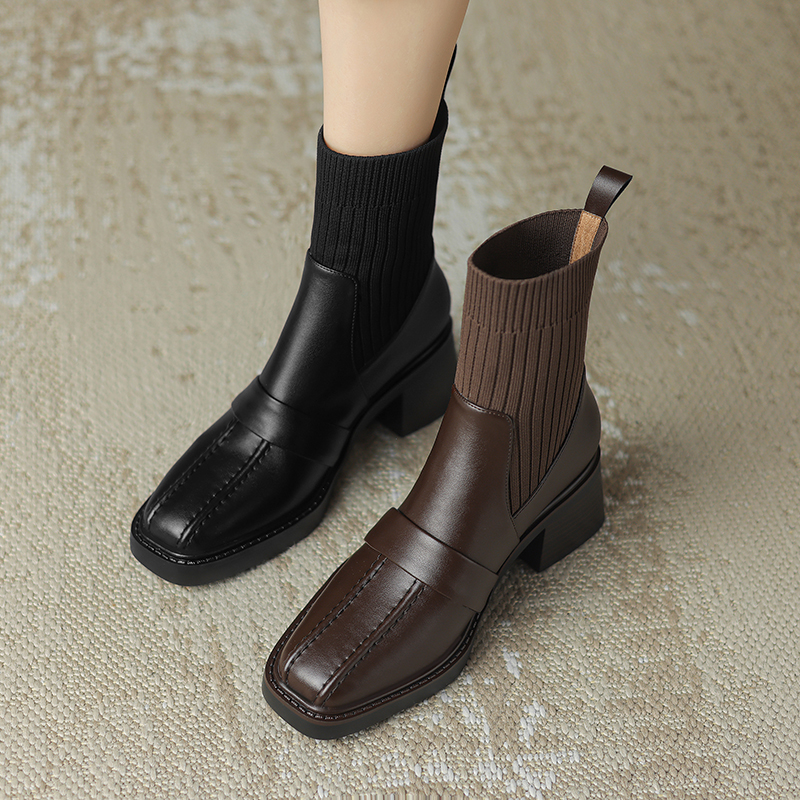 法式秋冬季针织筒粗跟短靴女