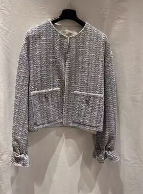 韩国代购SYSTEM26春小香风显瘦名媛气质优雅知性粗花圆领短外套女