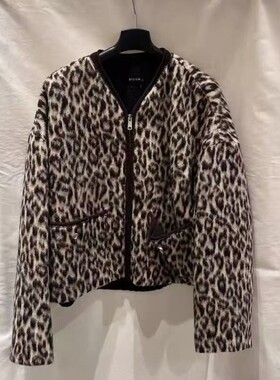 韩国专柜代购SYSTEM 25冬宽松长袖豹纹无领外套小众设计感短上衣