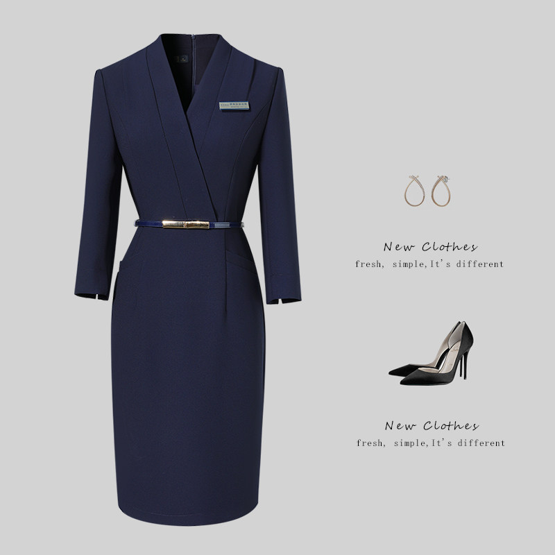 气质V领七分袖职业连衣裙春秋修身职场工作服通勤珠宝店前台工装