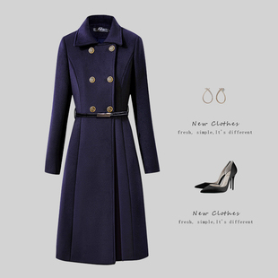翻领职业毛呢大衣女中长款冬气质修身双排扣绑带收腰工作服加厚