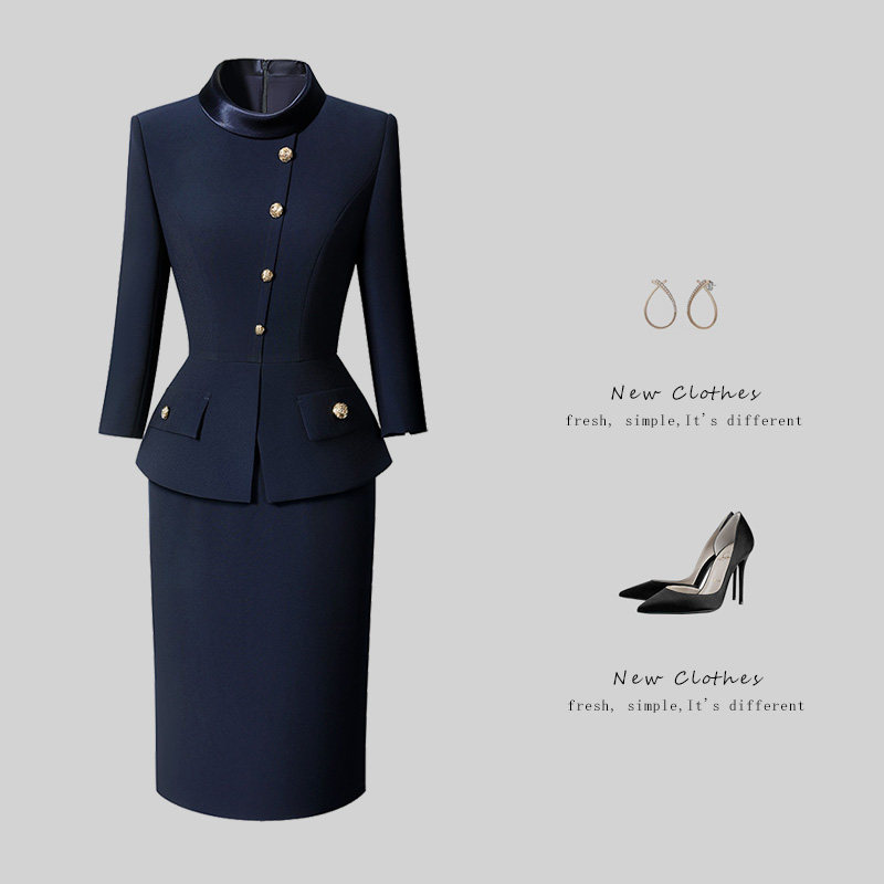 立领假两件职业连衣裙女春秋气质修身前台接待工作服美容美业工装