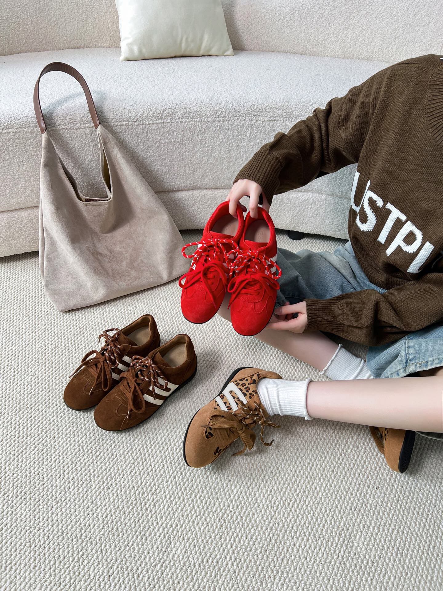 豹纹德训鞋女2026新款复古棕色双色鞋带慢跑阿甘鞋牛皮运动休闲鞋