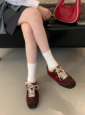 牛皮复古红色德训鞋女系带跑步休闲鞋通勤百搭做旧高级感极简板鞋
