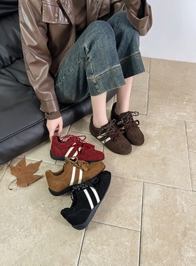 真皮红色德训鞋女款2026春季内增高运动休闲鞋轻便双鞋带新年女鞋