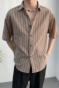 714A-D644P35控49/2025夏季新款条纹短袖衬衫宽松衬衣男女工作服图片