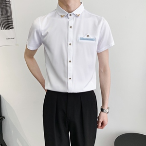 714A-9215P30控49/2025夏季男士短袖衬衫修身工作服衬衣ktv理发店图片
