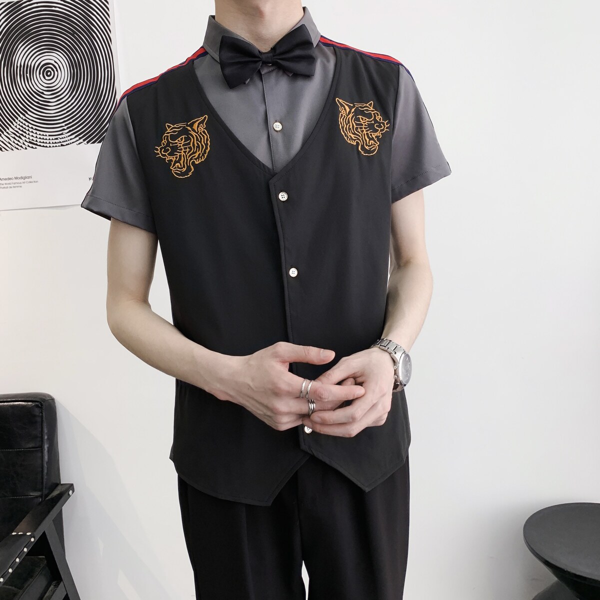 714A-H665P55控79/2025新款夏季ktv酒吧理发店工作服衬衫假两件,男装衬衫,星座714A（原电商C314）