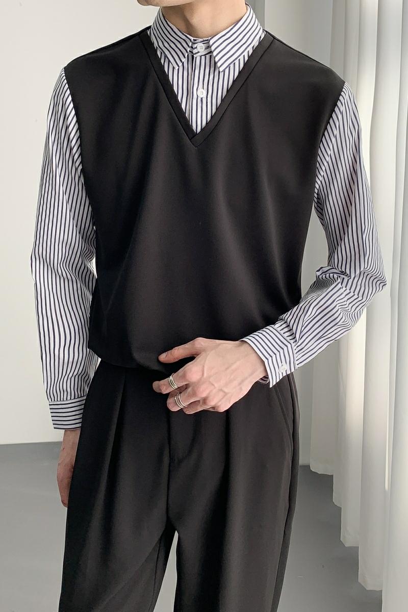 714A-H3049P55控88/2025春季新款工作服衬衫衬衣假两件条纹拼接,男装衬衫,星座714A（原电商C314）