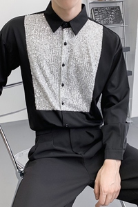714A-H3033P55控69/2025秋季新款男士长袖衬衫潮版亮片衬衣图片
