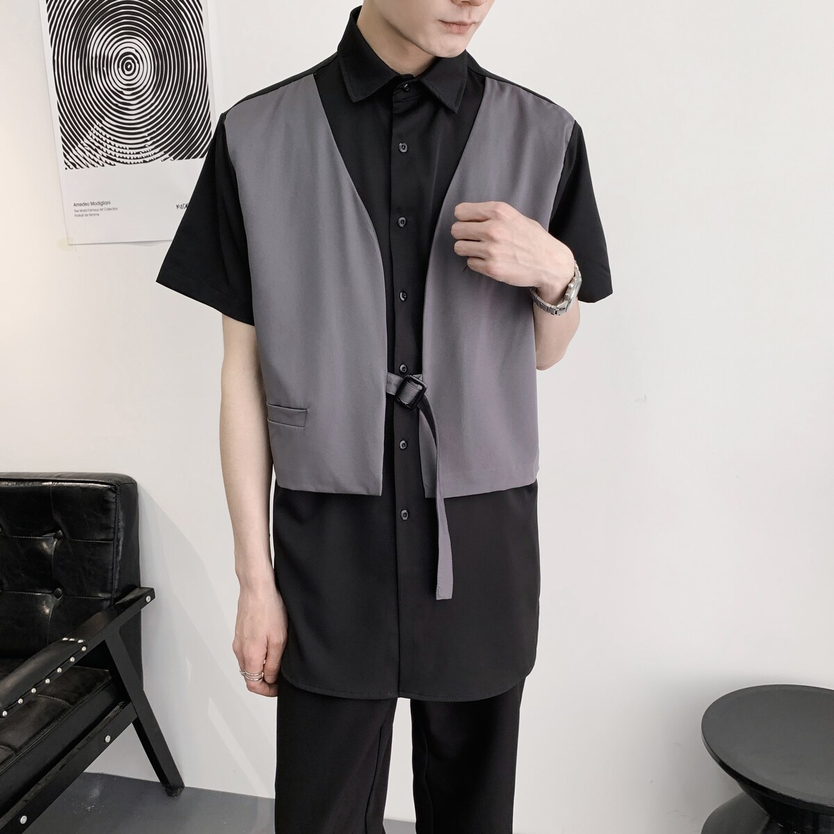 714A-H3012P55控79/2025夏季新款宽松工作服衬衫理发店假两件衬衣,男装衬衫,星座714A（原电商C314）