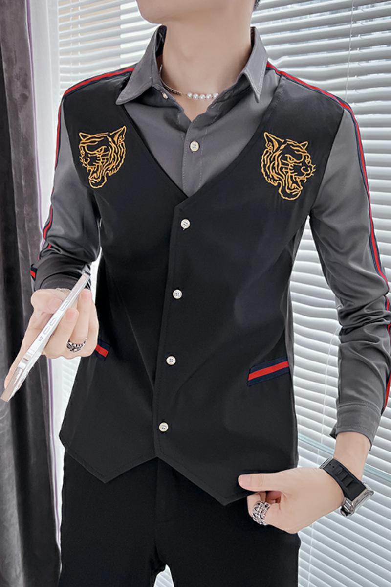 714A-H654P55控75/2025春男长袖衬衫假两件虎头绣花衬衫制服衬衣,男装衬衫,星座714A（原电商C314）
