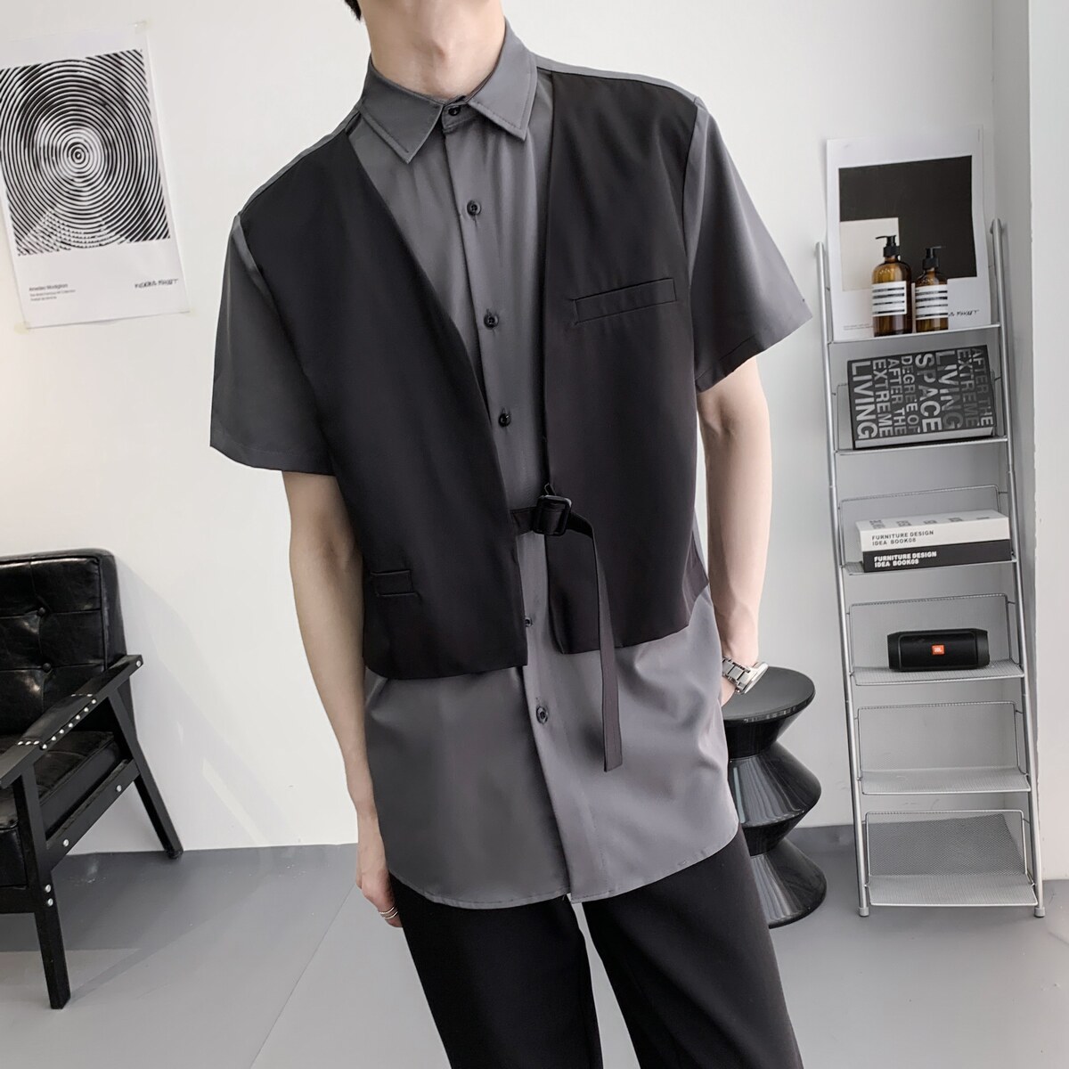 714A-H3012P55控79/2025夏季新款宽松工作服衬衫理发店假两件衬衣,男装衬衫,星座714A（原电商C314）