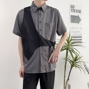 714A-H3013P55控69/2025夏季男士潮流短袖衬衫理发店工作服衬衣图片