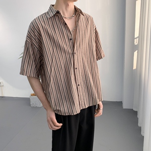 714A-D644P35控49/2025夏季新款条纹短袖衬衫宽松衬衣男女工作服图片