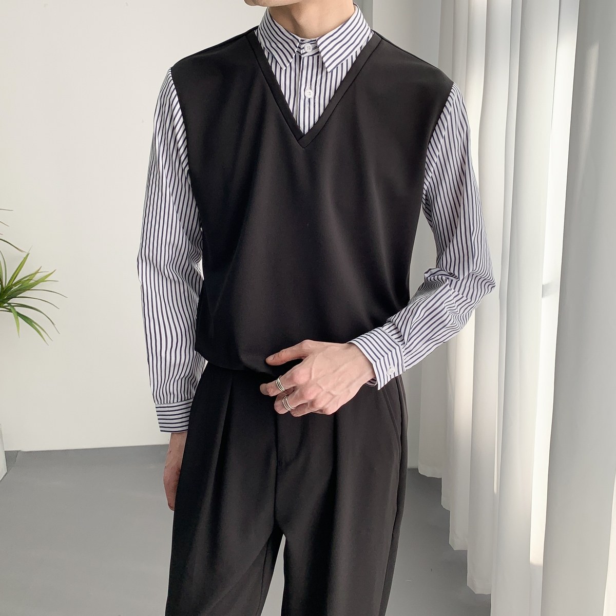 714A-H3049P55控88/2025春季新款工作服衬衫衬衣假两件条纹拼接,男装衬衫,星座714A（原电商C314）