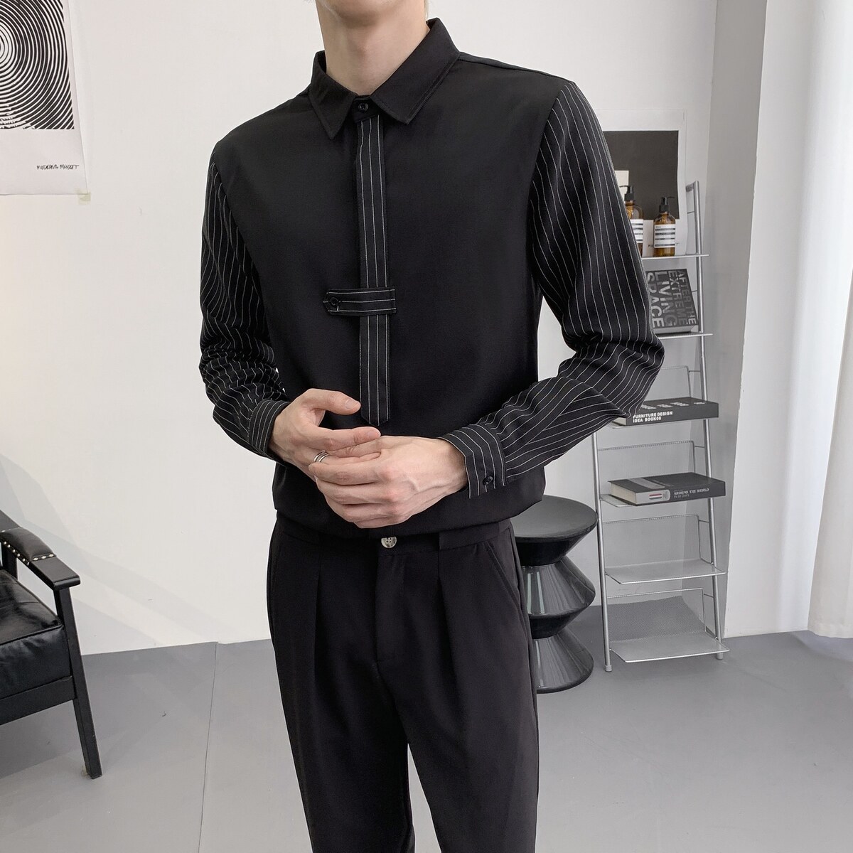 714A-D3035P45控69/2025秋季男士修身工作服衬衫领带条纹拼接衬衣,男装衬衫,星座714A（原电商C314）
