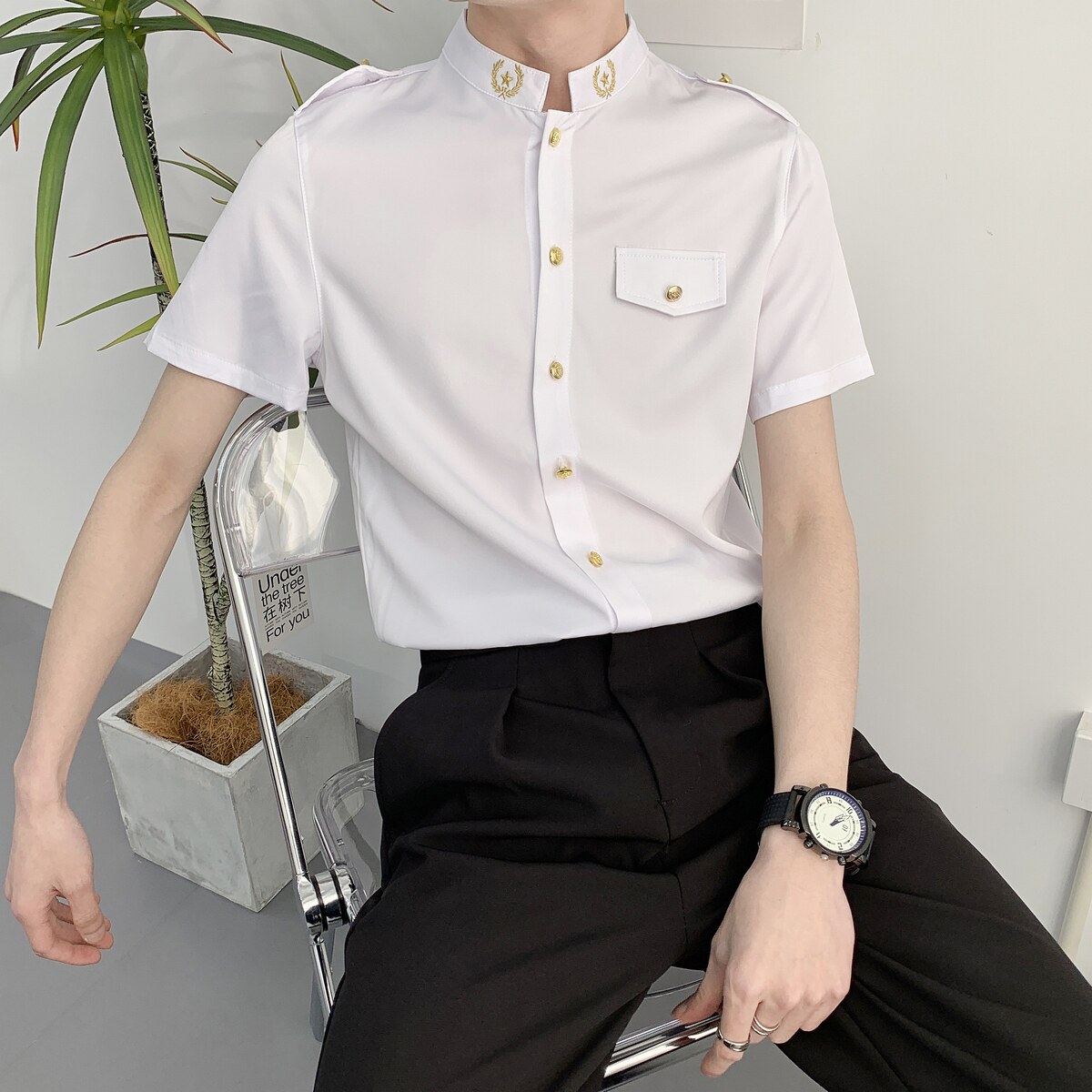 714A-D607P45控69/2025夏季新款工作服衬衫短袖立领制服衬衣潮,男装T恤,星座714A（原电商C314）