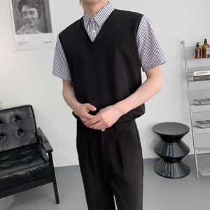 714A-D3081P45控69/2025夏季套头条纹拼接假两件衬衫餐厅咖啡店服图片