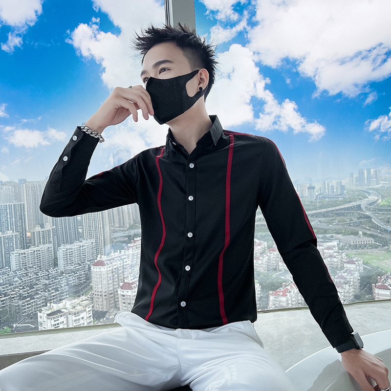 714A-D07P45控65/社会小伙2025春男士修身青少年织带衬衫工作衬衣图片