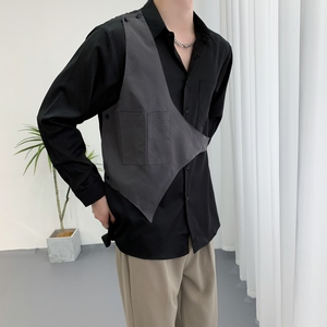 714A-H3010P55控88/2025秋季新款美发厅工作服衬衫假两件马甲衬衣图片