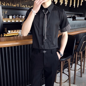 714-D641P45/店主风2025夏季男士短袖衬衫条纹领带制服衬衣ktv服,条纹男士衬衫搭配图片