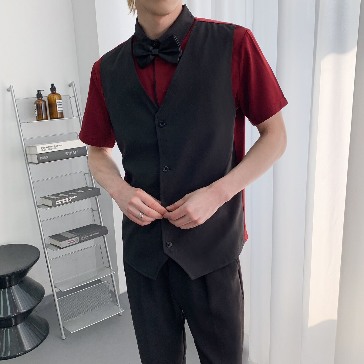 714A-H3082P55控69/2025夏季工作服衬衫假两件马甲衬衣修身版图片