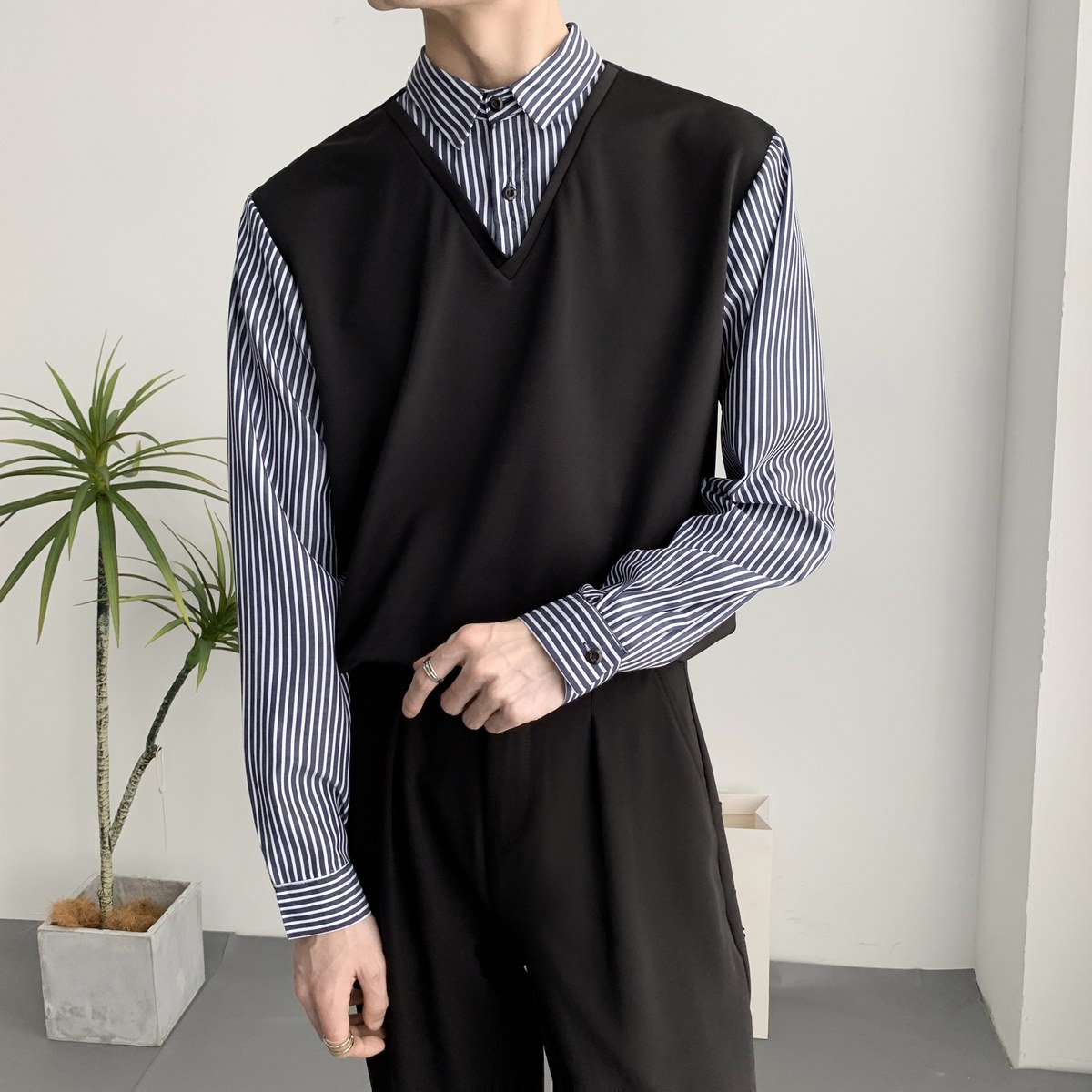 714A-H3049P55控88/2025春季新款工作服衬衫衬衣假两件条纹拼接,男装衬衫,星座714A（原电商C314）