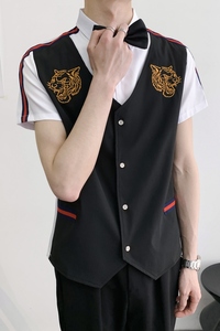 714A-H665P55控79/2025新款夏季ktv酒吧理发店工作服衬衫假两件图片