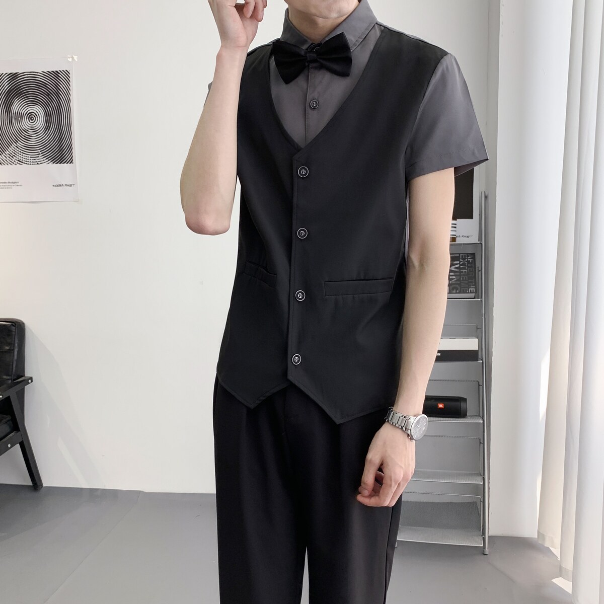 714A-H3057P55控79/2025夏季假两件工作服衬衫假两件ktv酒吧制服,男装衬衫,星座714A（原电商C314）
