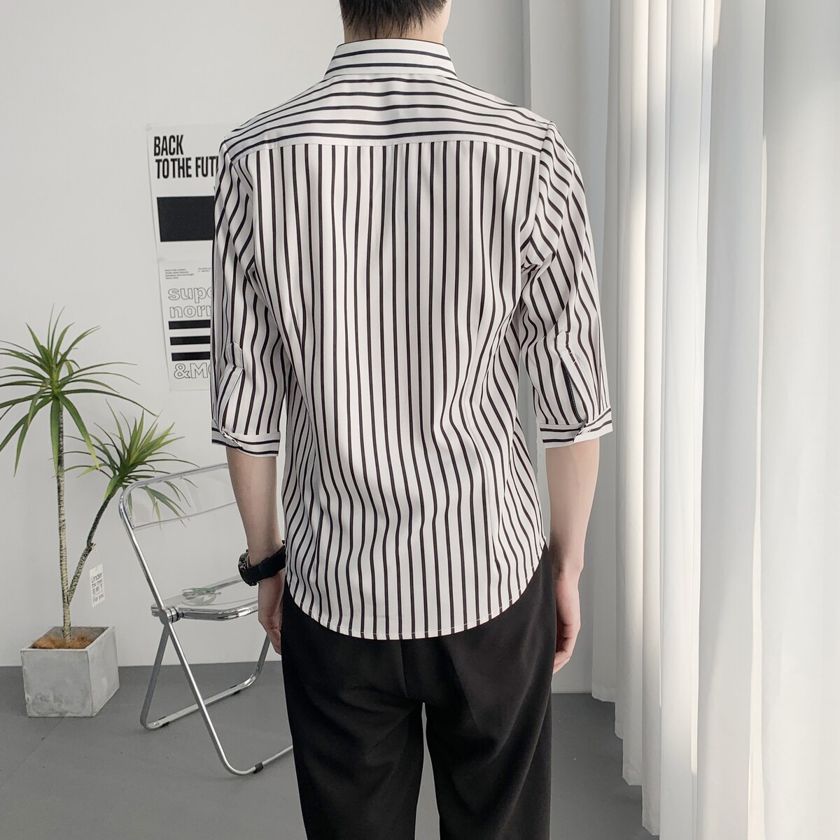 714A-5002P45控69/2025夏季新款男女同款条纹衬衫中袖五分袖衬衣,男装T恤,星座714A（原电商C314）