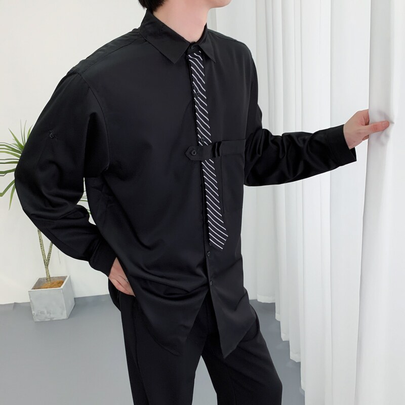 714A-H3009P55控88/2025秋发型师工作服衬衫条纹领带拼接宽松衬衣图片