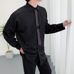714A-H3009P55控88/2025秋发型师工作服衬衫条纹领带拼接宽松衬衣图片