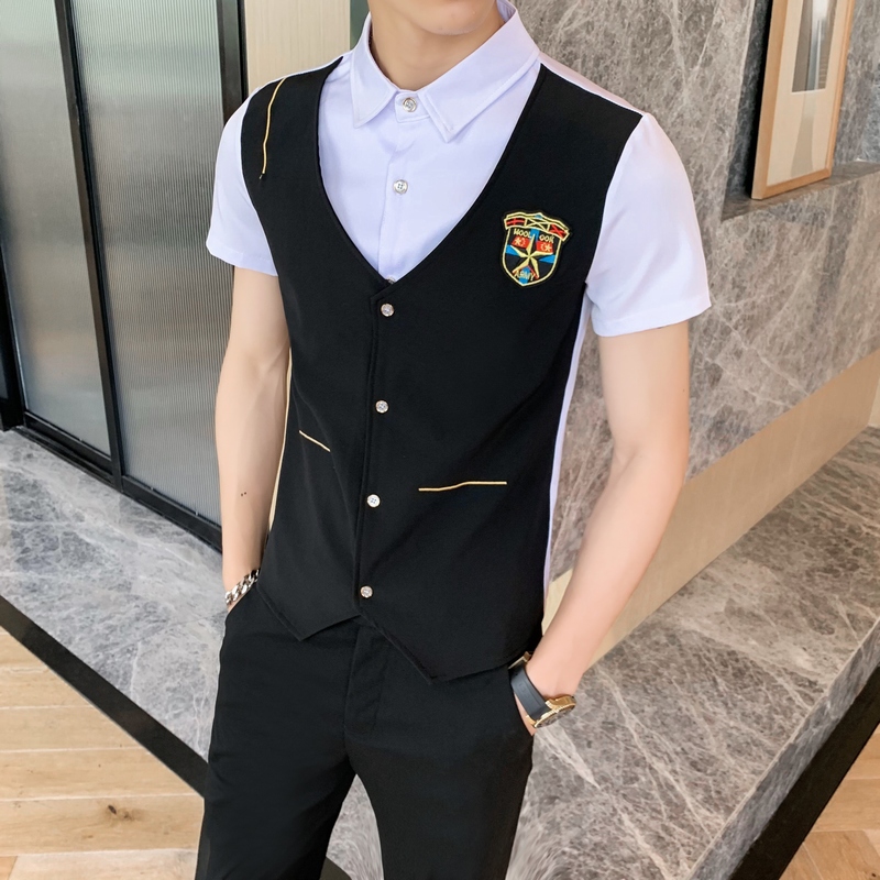 714-H669P55/店主风2025夏季发型师潮流短袖衬衫假两件制服S-5XL，男装T恤，星座714(原C313)