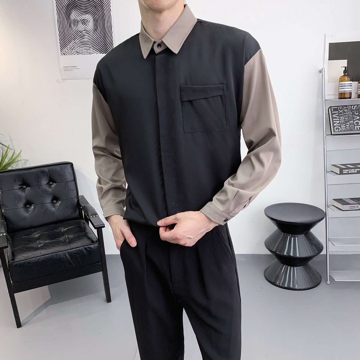 714A-D3034P45控69/2025秋季拼色宽松长袖衬衫潮流工作服衬衣,男装衬衫,星座714A（原电商C314）